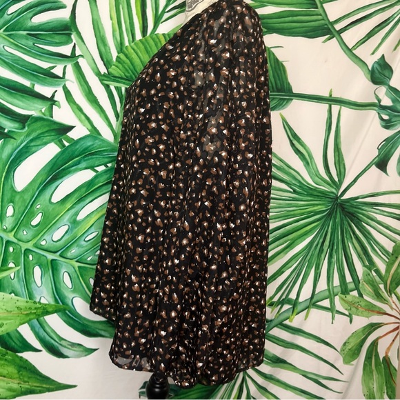 Kasper XL Black Brown Abstract Spotted Textured Sheer Peasant Sleeve Office Top - Picture 3 of 9